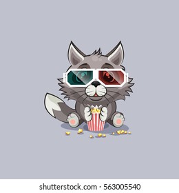 Vector Stock Illustration emoji character cartoon wolf chewing popcorn, watching movie 3D glasses sticker emoticon for site, info graphic, video, animation, website, mail, newsletter, report