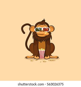 Vector Stock Illustration emoji character cartoon monkey chewing popcorn, watching movie 3D glasses sticker emoticon for site, info graphic, video, animation, website, mail, newsletter, report