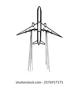  Vector stock illustration eps10  of an airplane emitting contrails viewed from below. Black and white sketch isolated on white background. Hand drawing. Outline. 