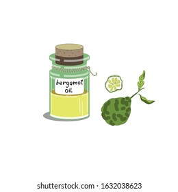 Vector stock illustration of essential bergamot oil bottle. Cosmetic for bathhouse, sauna and spa. Bath equipment, health life.
