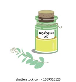 Vector stock illustration of eucalyptus essential oil bottle. Cosmetology and spa procedures, aromatherapy. Herbal art.