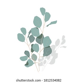 Vector stock illustration of eucalyptus leaves. Delicate tropical leaves for the bride's bouquet. A branch of mint-colored flowers. Spring or summer flowers for invitation, wedding or greeting cards.