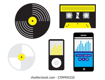 Vector Stock Illustration : Evolution Of Various Audio Storage Media Through History, Such As Vinyl Record, Cassette Tape, Compact Disc, MP3 Player, And Smartphone.