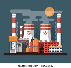 Vector Stock illustration of facade architecture nuclear power plant in flat style, power generation, cooling tower, reactor unit, ventilation pipe, Industrial landscape on dark background