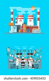 Vector Stock Illustration Of Facade Architecture Nuclear Power Plant In Flat Style, Power Generation, Interior Science Base, Technical Equipment, Scientists, Workers NPP