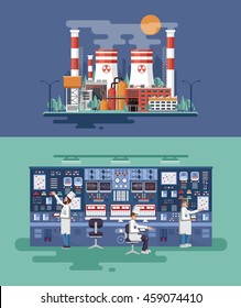 Vector Stock Illustration Of Facade Architecture Nuclear Power Plant In Flat Style, Generation, Interior Science Base, Technical Equipment, Scientists, Workers NPP