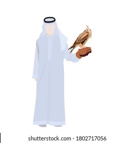 Vector stock illustration of falconry. The hawk sits on the glove. Traditional hunting in the East. In Kuwait or Qatar. Bird close-up. Falconer with his falcon. Isolated on a white background