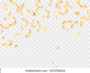  Ilustración de material vectorial. Caer serpentina dorada sobre un fondo transparente para la tarjeta