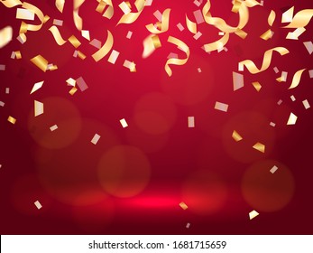 Vector stock illustration. Falling Golden confetti on a red background for card