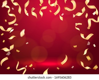  Ilustración de material vectorial. Confeti dorado caído sobre un fondo rojo para una tarjeta