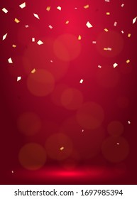 Vector stock illustration. Falling Golden confetti on a red background for card