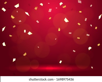 Vector stock illustration. Falling Golden confetti on a red background for card