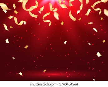 Vector stock illustration. Falling Golden confetti on a red background for card