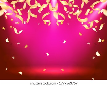 Vector stock illustration. Falling Golden confetti on a red background for card
