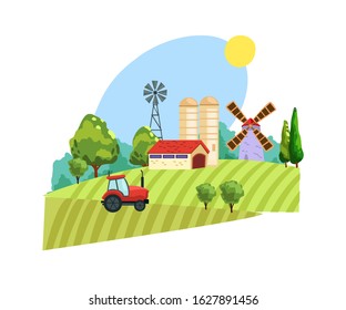 Vector stock illustration with farm landscape in flat style. Label with tractor in the field, barn, mill and trees. Village scenery for logos, banners, posters, organic products shops.