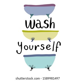 Vector stock illustration of flat cartoon bathtubs. Colorful hand drawn lettering. Children book doodle art. 