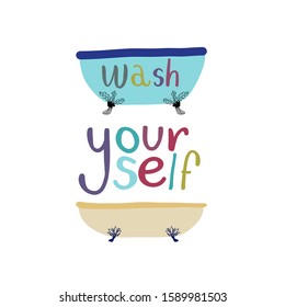 Vector stock illustration of flat cartoon bathtubs. Colorful hand drawn lettering. Children book doodle art. 