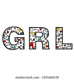 Vector stock illustration. Font with doodle small colorful elements. Girl lettering, flat cartoon art.
