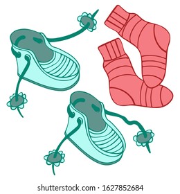 Vector stock illustration. Freehand drawing, markers and socks for young children, web banner for an online store of children's shoes, label, sticker.