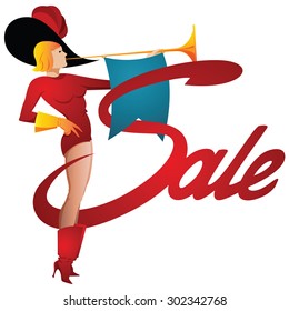 Vector stock illustration. Funny girl trumpeter calling on sale.