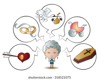 Vector stock illustration. Funny girl with different emotions. The dream of life.
