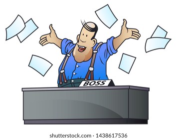 Vector. Stock illustration. Funny little men. Happy boss. Fat man scattered paper.