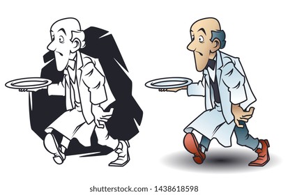 Vector. Stock illustration. Funny little men. Waiter with empty plate.