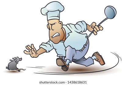 Vector. Stock illustration. Funny little men. Cook runs after mouse. Chef and rat.