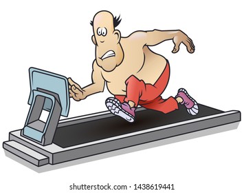 Vector. Stock illustration. Funny little men. Fat man on treadmill. Sports activities.