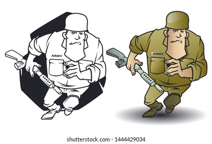 Vector. Ilustración de stock. Hombrecitos graciosos. Soldado en fuga.