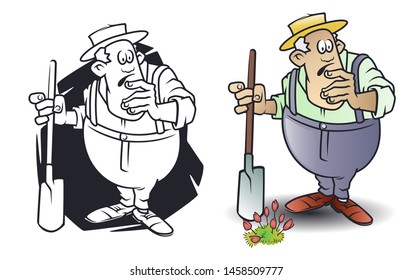 Vector. Stock illustration. Funny little men. Puzzled Senior man with shovel. Gardening in garden.