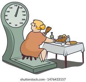 Vector. Stock illustration. Funny little men. Fat woman on scales eats a lot of food.