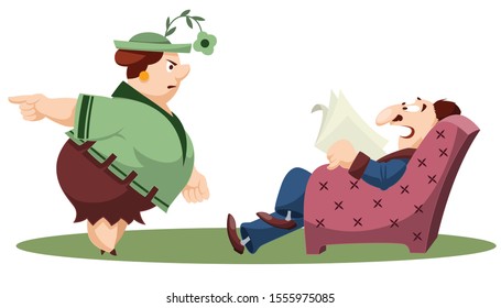 Vector. Stock illustration. Funny little people. Wife scolds lazy husband.