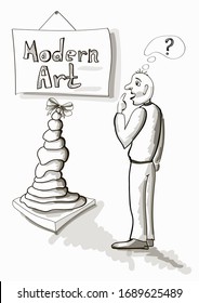 Vector stock illustration. Funny man looks at the exhibit in a museum of modern art in surprise. The drawing is drawn in sketch style, in black on a white background.