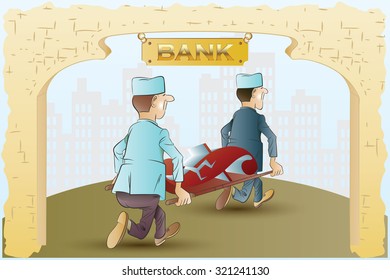 Vector stock illustration. Funny nurses take away from the bank on a stretcher currency symbol.