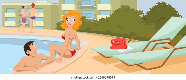 Vector. Stock illustration. Funny people around pool.