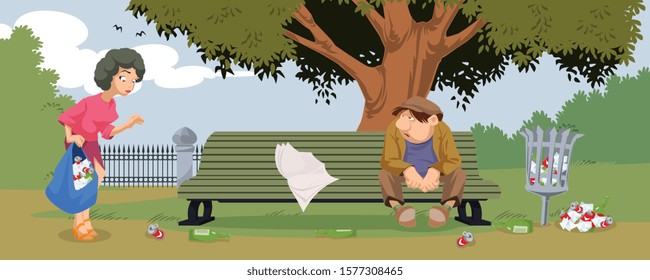 Vector. Stock illustration. Funny people cleaning in park.