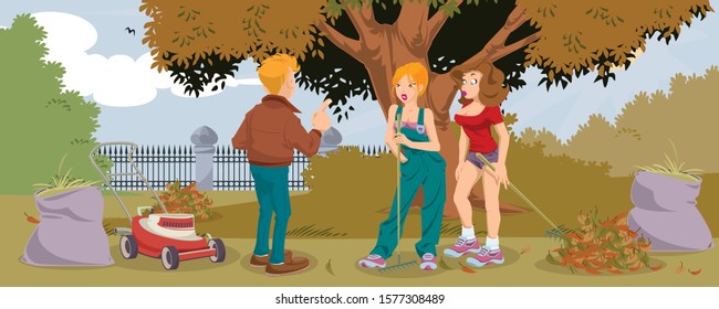 Vector. Stock illustration. Funny people cleaning in park.