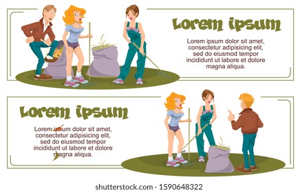 Vector. Stock illustration. Funny people cleaning in park.