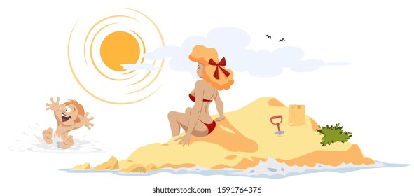 Vector. Stock illustration. Funny people. Woman and child on beach.