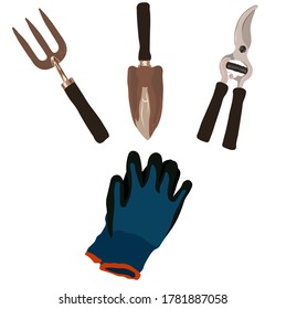 Vector stock illustration of garden tools. Rake, gloves, shovel, shovel, scissors, pruning shears for cutting bushes. Farm tools. Weeding the garden, planting flowers. Greenhouse. Isolated on a white 