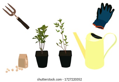 Vector stock illustration of a gardening set. Watering can, garden tools, rakes, gloves, pots with sprouts. The planting of young shoots. Saplings of tree plants. Hobby. Crop production, botany, farm.