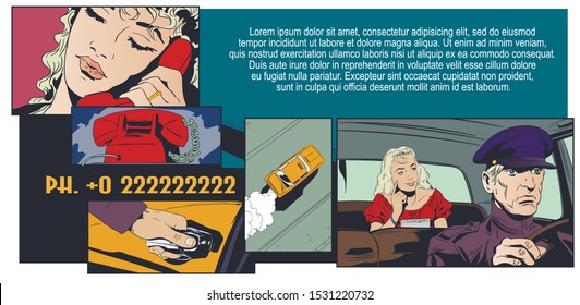 Vector. Stock illustration. Girl calls taxi.