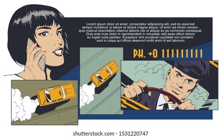 Vector. Stock illustration. Girl calls taxi.