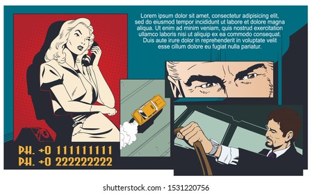 Vector. Stock illustration. Girl calls taxi.