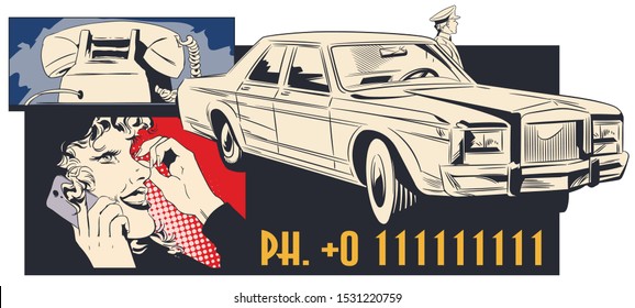 Vector. Stock illustration. Girl calls taxi.