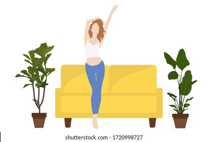 Vector stock illustration of girl dancing at home. Simple flat style woman dancing in a room. Home interior, sofa, indoor flowers. Flat. Cozy modern interior. Self-isolation, positive attitude. 