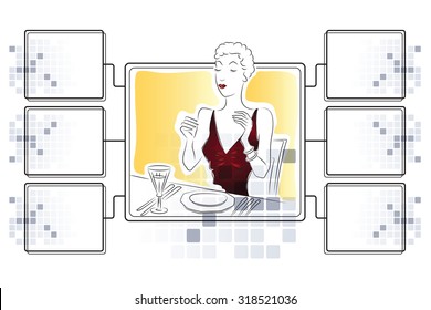 Vector stock illustration. Girl eating. Template for infographics with rams for information.