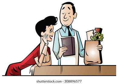 Vector stock illustration. Girl talking in the shop seller.