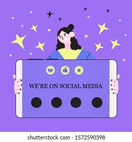 Vector stock illustration of a girl or woman holding in her hands smartphone with we are on social media phrase. Concept of internet business card, contact details, advertising, follow us, subscribe.